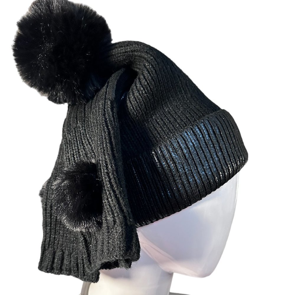 BP Nordstrom Black Pom Pom Beanie Hat Wrist Warmer Set